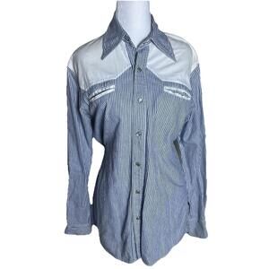 Saturdays 70’s vintage Western Pearl Snap Train Conductor Stripe dapper mens Med